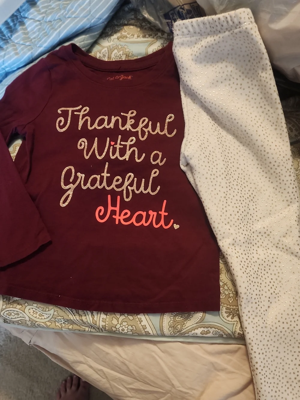 Sz 4T Cat & Jack Burgundy Long Sleeve Top with Cream Sparkle Pants